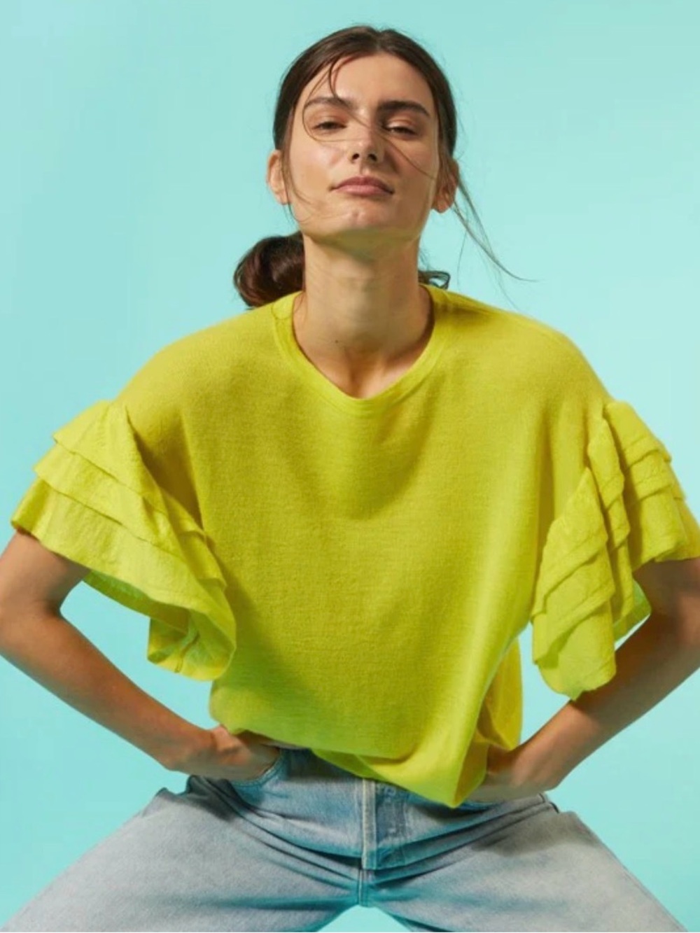 Autumn Cashmere Boxy Ruffle Tee Sweater bright yellow “High Voltage” color small